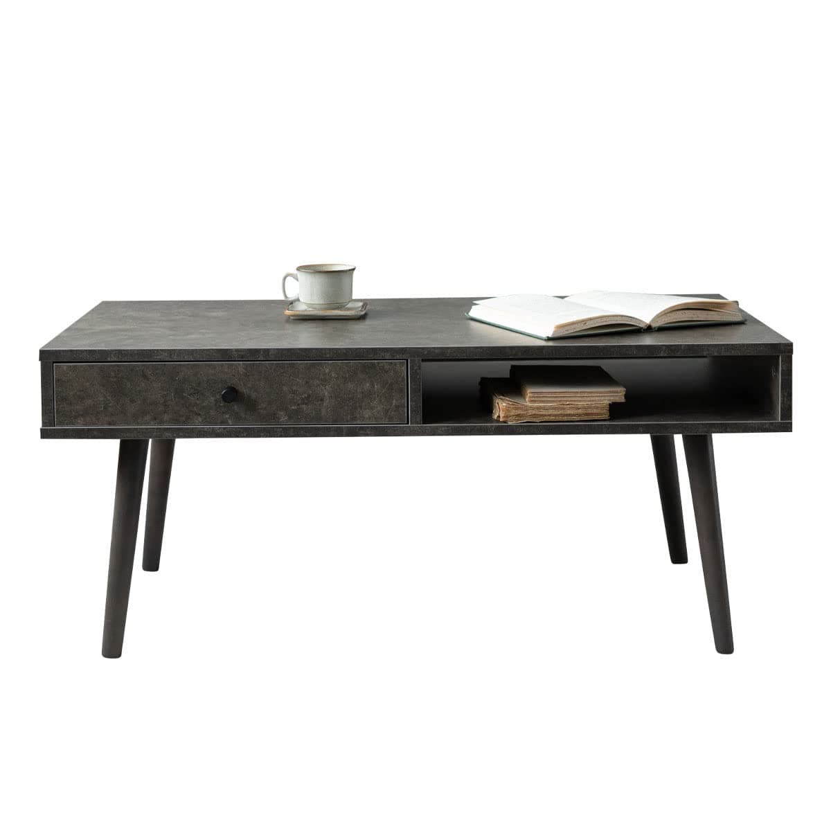 EMOOR Wood Coffee Table with Storage Rectangle Stone Gray, Floor Sitting Low Table Small Space Minimalist Japanese Tatami Room