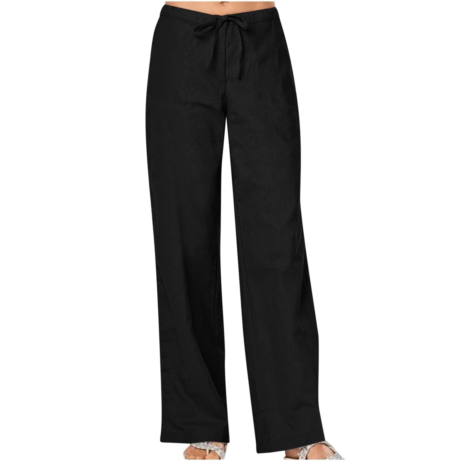 NSICBMNO Straight Leg Trousers for Women Cotton Linen Trousers Ladies Summer Elasticated Waist Palazzo Pants Flared Loose Casual Slacks Lounge Pants Plus Size