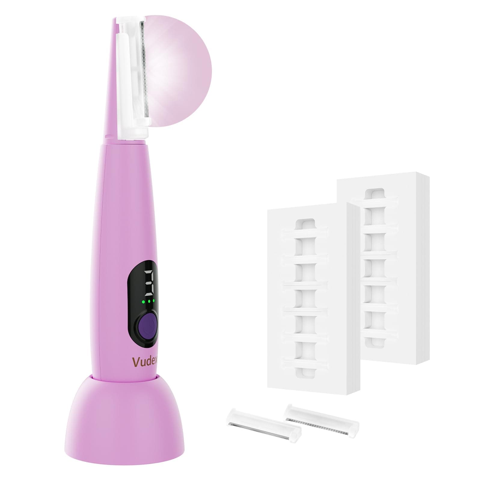 Vudex Sonic Smooth Dermaplane Razor for Women Face + Hair Identifier Spray - Facial Hair Removal Kit with 12 Blades, 3 Speeds & LED Light