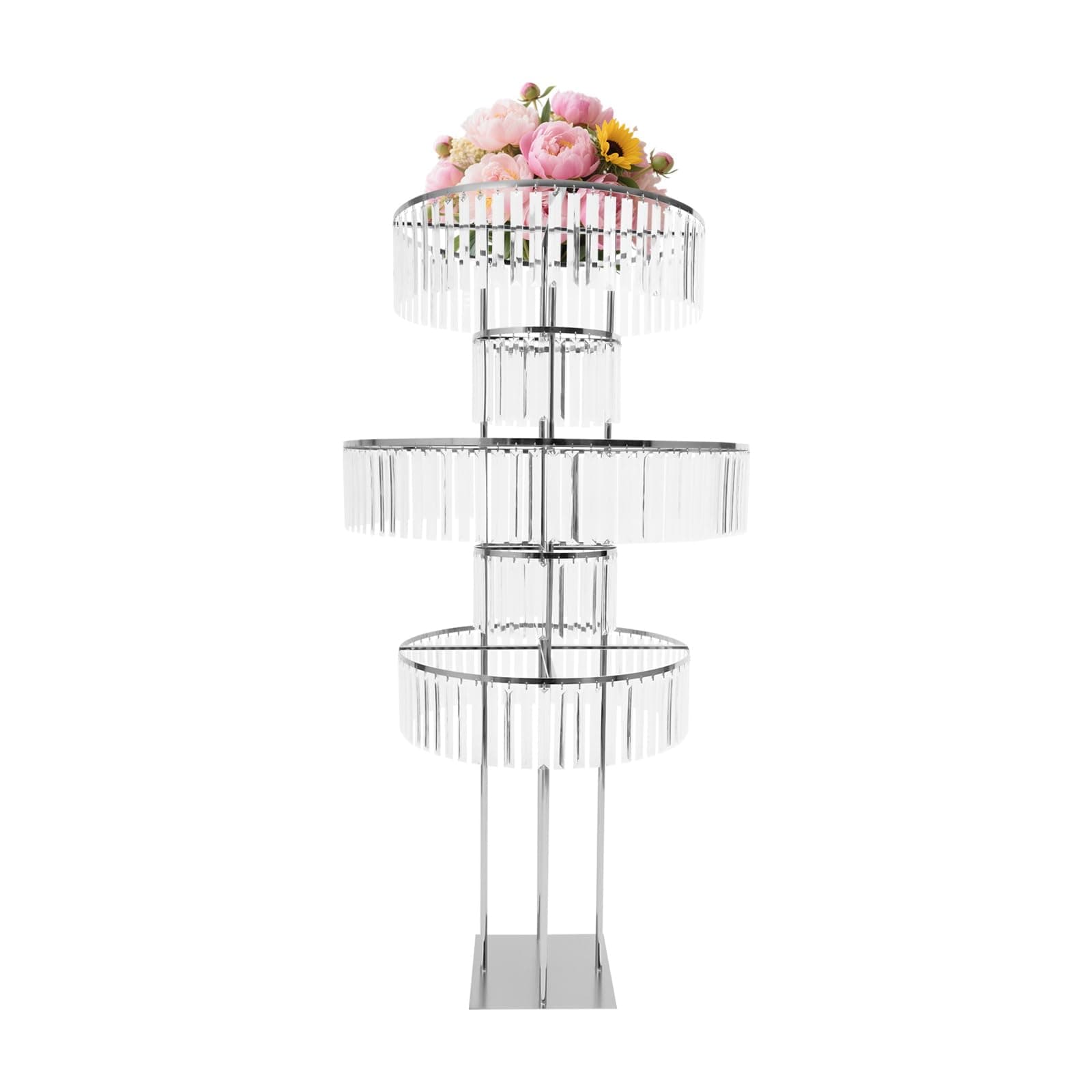 NECKCLOUSE Wedding Flower Stand with Crystal Pendants & Silver Metal Frame - Elegant Square Pedestal Stand for Centerpieces, Banquets, Events, Holds 22 lbs, Silver