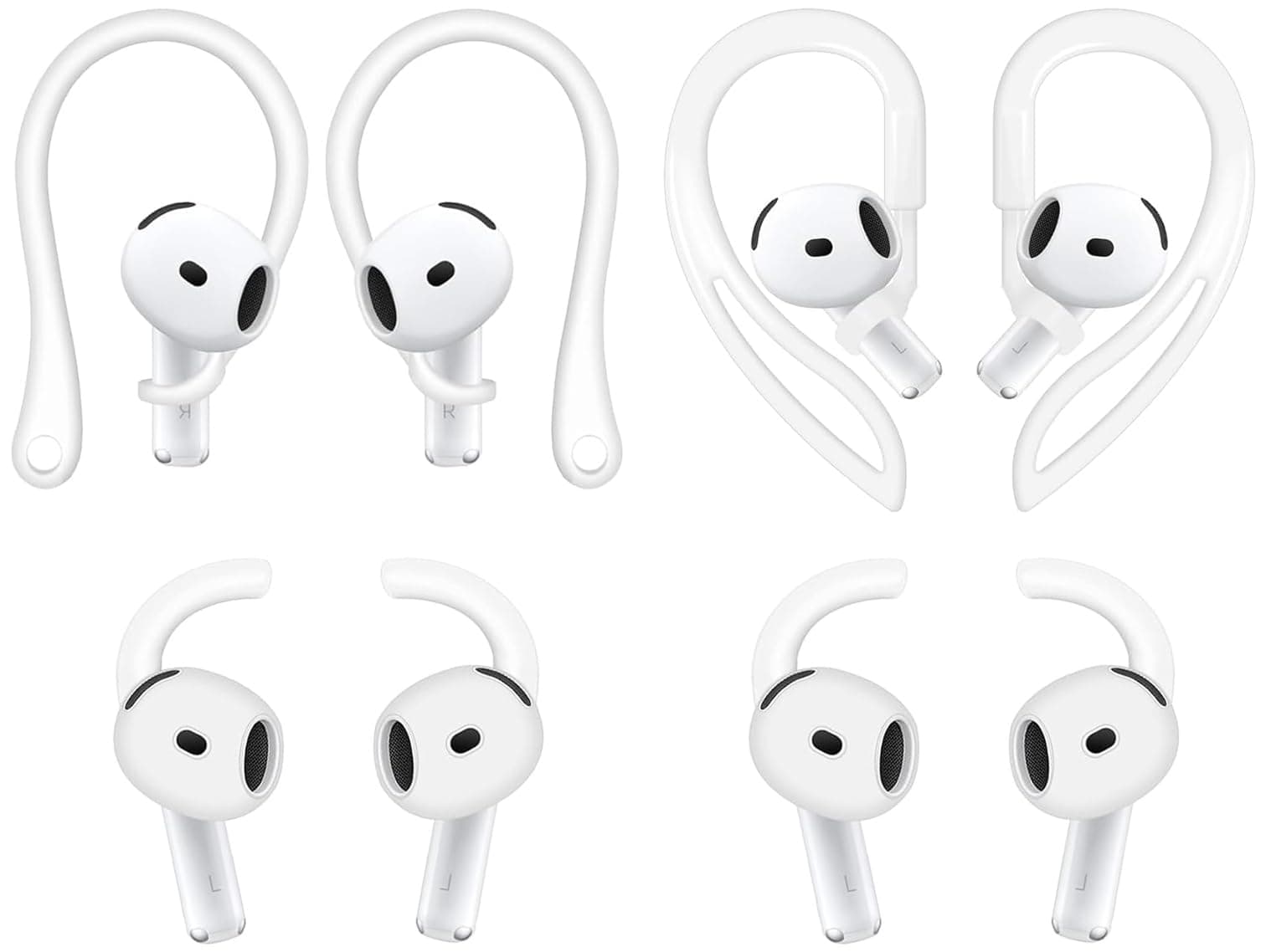 Rqker Sport Hooks Compatible with AirPods 4 2024 New 4th Gen, 1 Pair Adjustable Anti-Slip Soft TPU Earhook, 1 Pair Silicon Ear Hook, 2 Pairs Silicon Eartips Hooks Compatible with AirPods 4 112 White