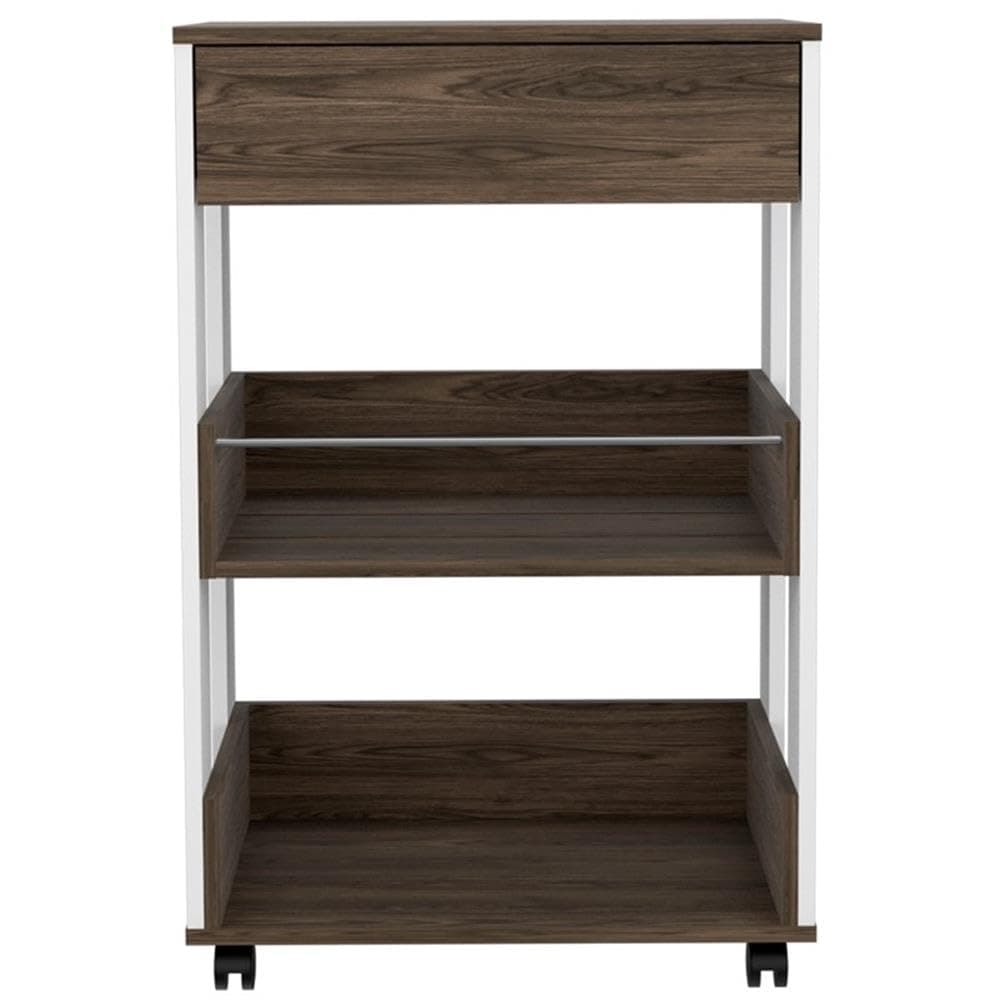 FM FURNITURE Dundee 2-Shelf Engineered Wood Kitchen Cart in Dark Walnut/White