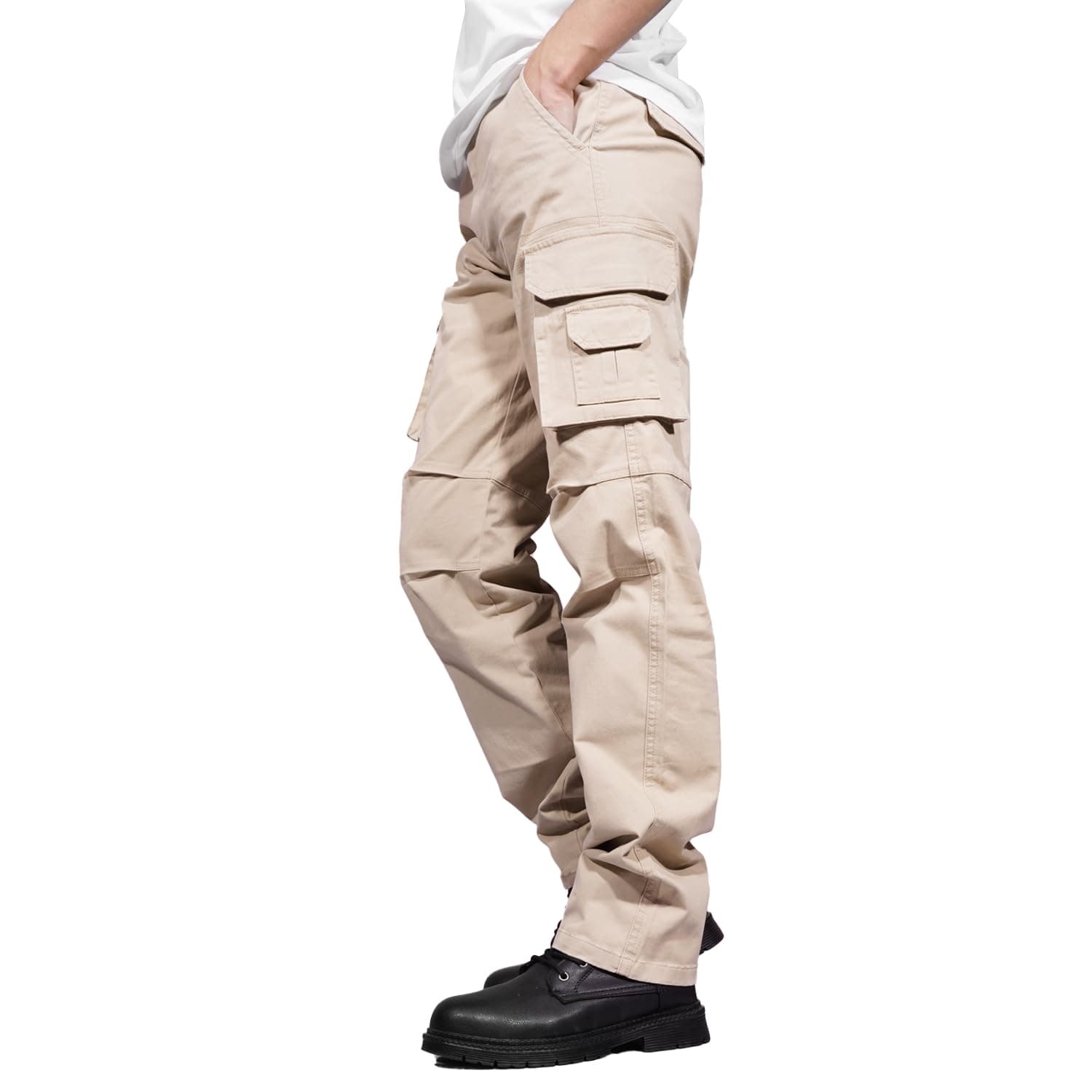 Soulsfeng Mens Khaki Cargo Pants Relaxed Fit Cotton Straight Stretch Hiking Tactical Work Pants for Men 38
