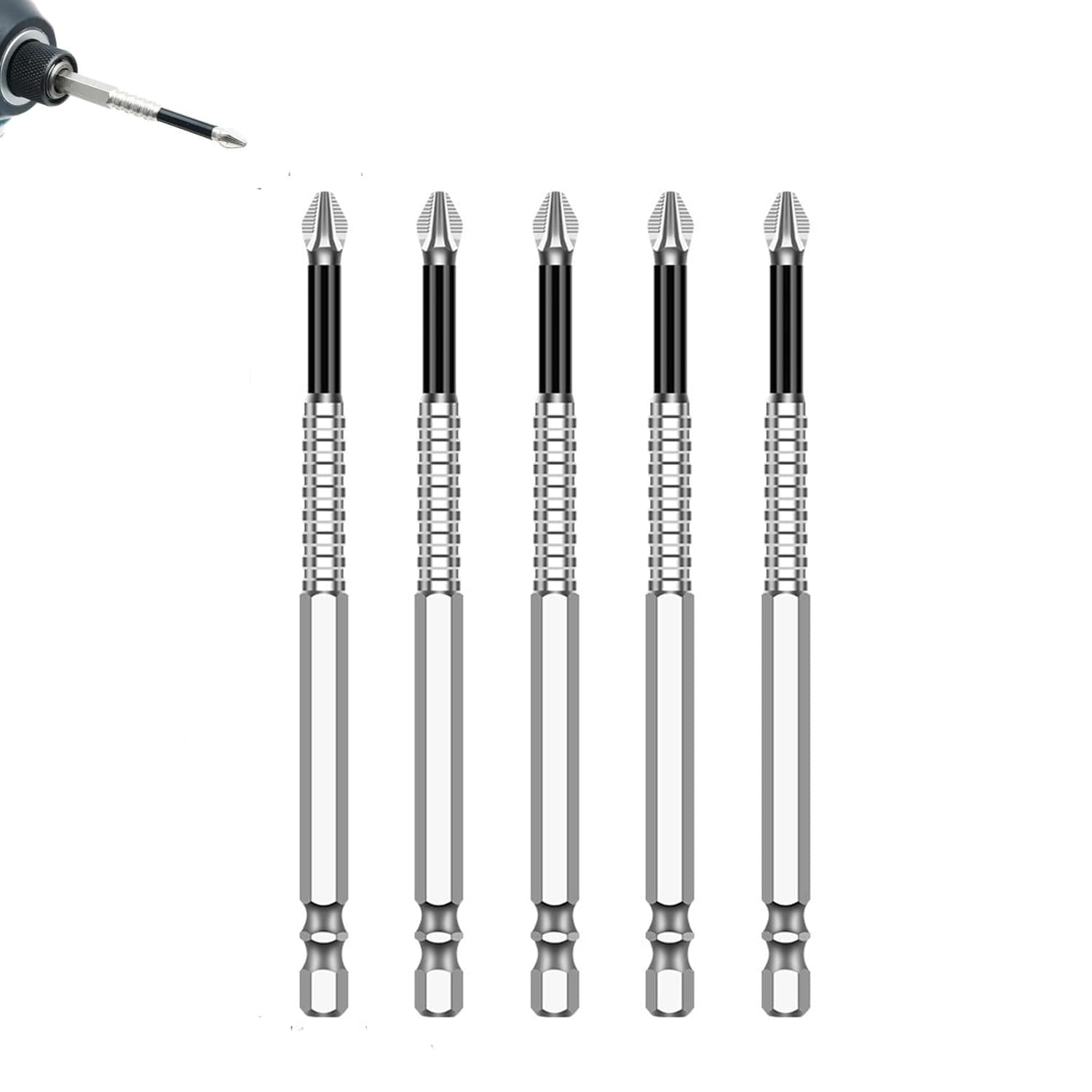 KoKiAxuza Magnetic Non-Slip Drill Bit Kit - High Magnetic S2 Alloy Steel Screwdriver Bits, Anti-Slip Hex Shank Set (25/50/65/70/90/150mm) for Impact Driver & Electric Drill (5, 120L)