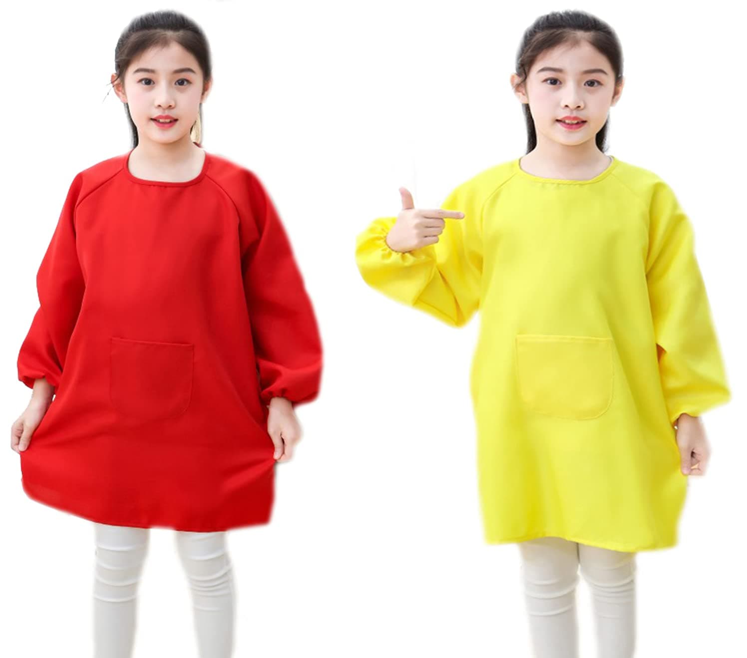 Lauthen.S 2 Pack Kids Art Smocks,Artist Painting Aprons Long Sleeve with Pocket for Toddler 4-8 Years(Red/Yellow)