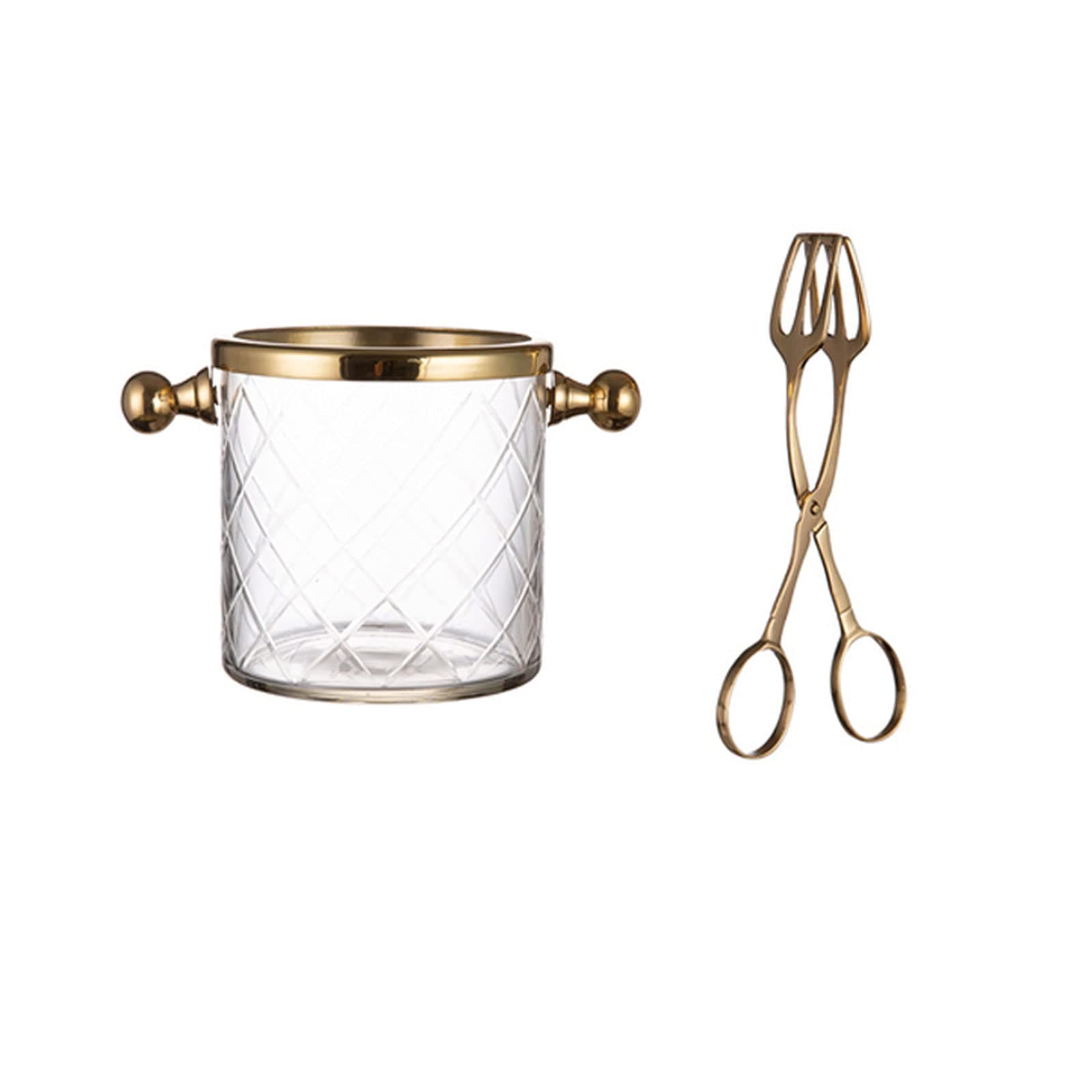 Ice Bucket Handmade Brass Glass Ice Bucket with Ice Clip Clear Ice Bucket with Handle for Bar Dining Table Cooler Wine Beer Champagne