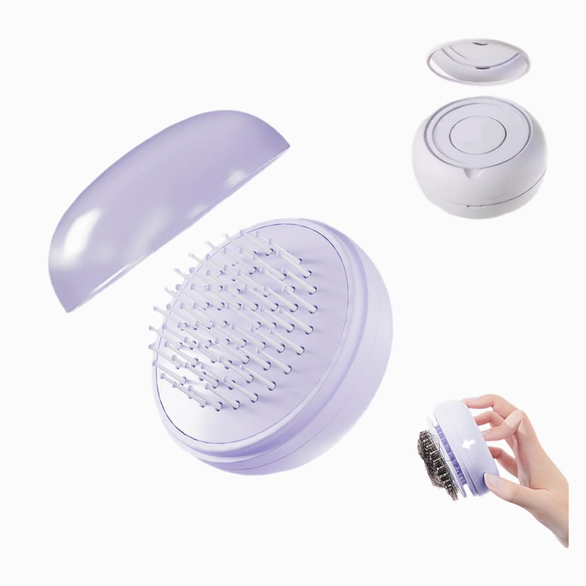 Self Cleaning Hairbrush, Mini Travel Brush with Mirror, Portable Purse Brush for All Hair Types, Scalp Massager for Women Men Kids (Purple)