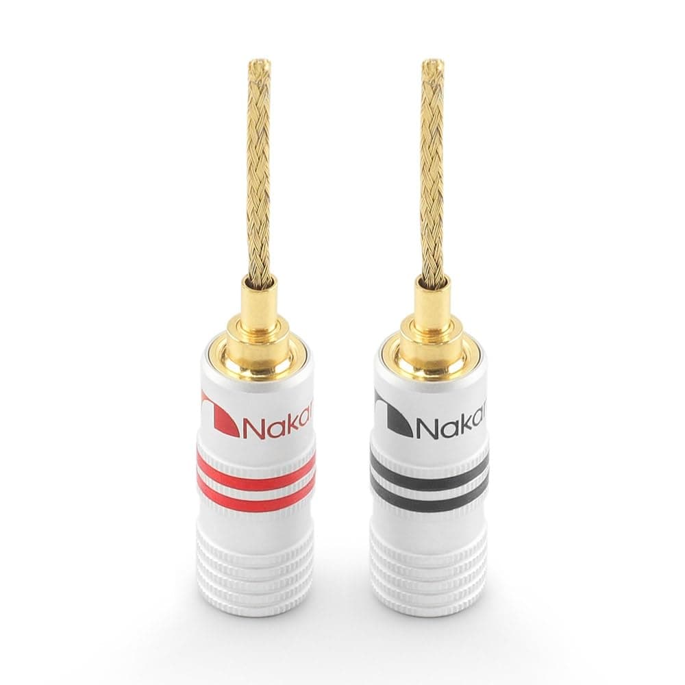 Nakamichi GrubLock Excel Series 24k Gold Plated Flex 2mm Pin Banana Plugs 10 AWG - 18 AWG Gauge Size for Spring Clip Terminal Speakers Amplifier Hi-Fi Wire Cable, Screws Connector, 2 Pcs (1 Pair)