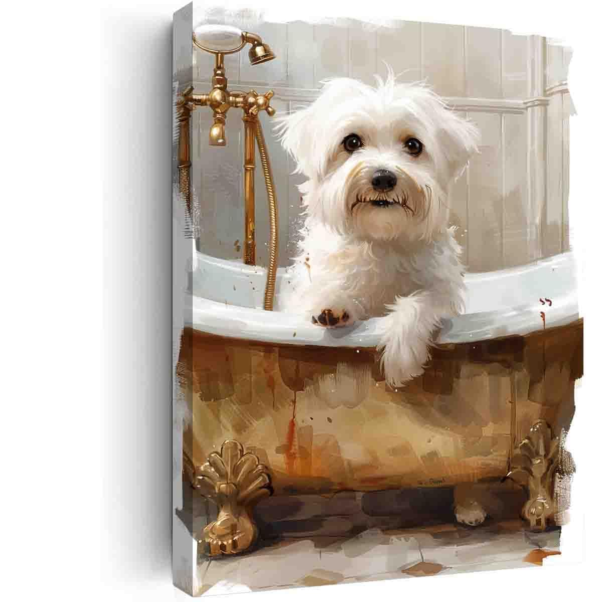 YJXTXDE Maltese Dog in Bathtub,Bathroom Wall Art,Animal Bathroom Art,small wall art for bathroom,baby girl nursery art for school,nursery,playroom,family room decor-8"x12" canvas print with frame