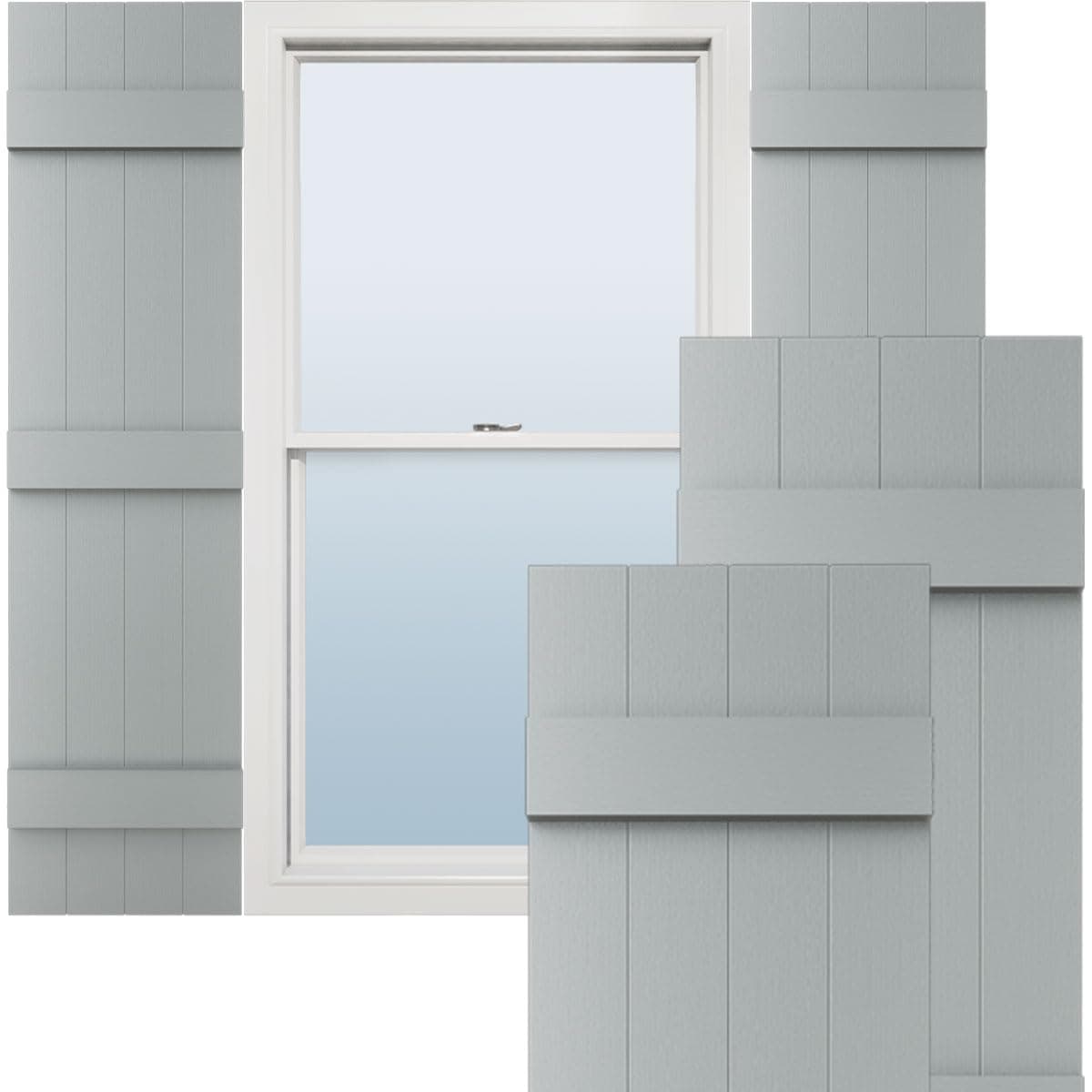 14"W x 74"H Lifetime Vinyl, TailorMade Four Board Joined (3 Batten), Board-n-Batten Shutters, w/Shutter-Loks (Per Pair), Platinum