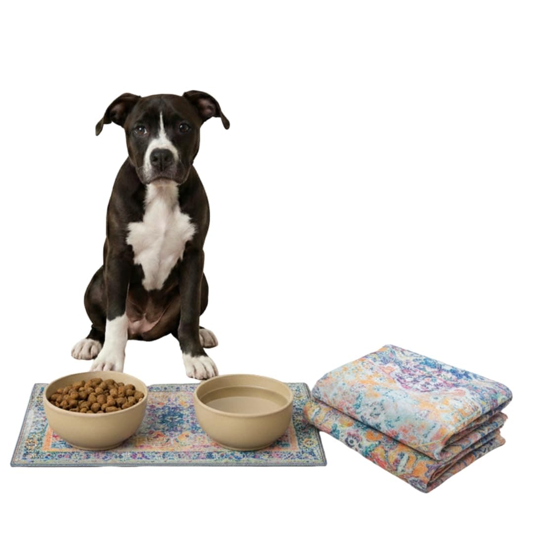 Lovewag Pets Waterproof 2-Pack Pet Feeding Mats - 16" x 24" Premium Cat & Dog Food Mat - Non-Slip, Machine Washable Mat Protects Floors & Contains Water Bowl Spills - Place Mats (Marmalade Sunshine)