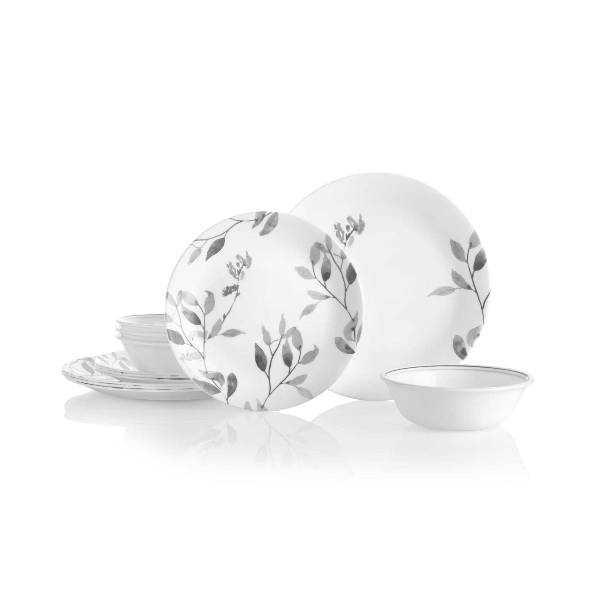 Corelle 12-Piece Vitrelle Misty Leaves Chip and Break Resistant Dinner Set, Grey