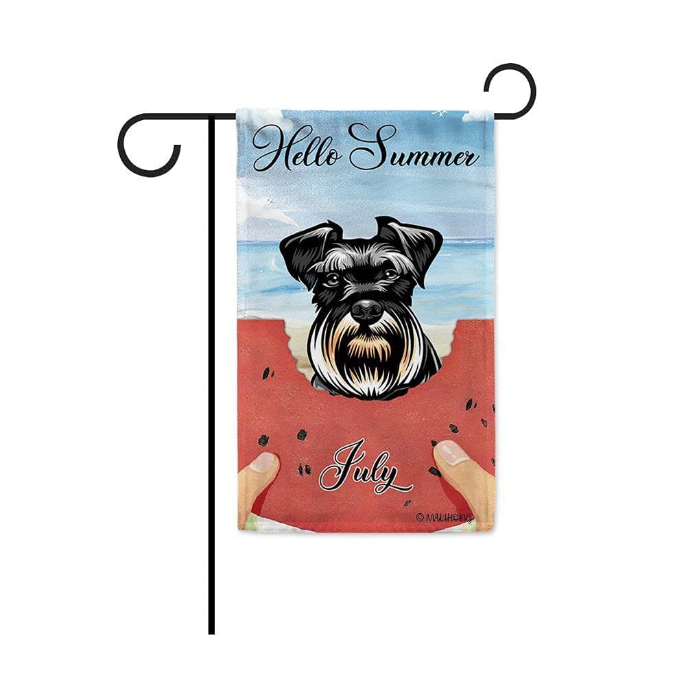 MALIHONG Hello Summer Personalized Garden Flag Peeking Dog Schnauzer Have a Fun on The Beach and Eat Watermelon Banner for Outside 12.5x18 Inch Print Double Sided
