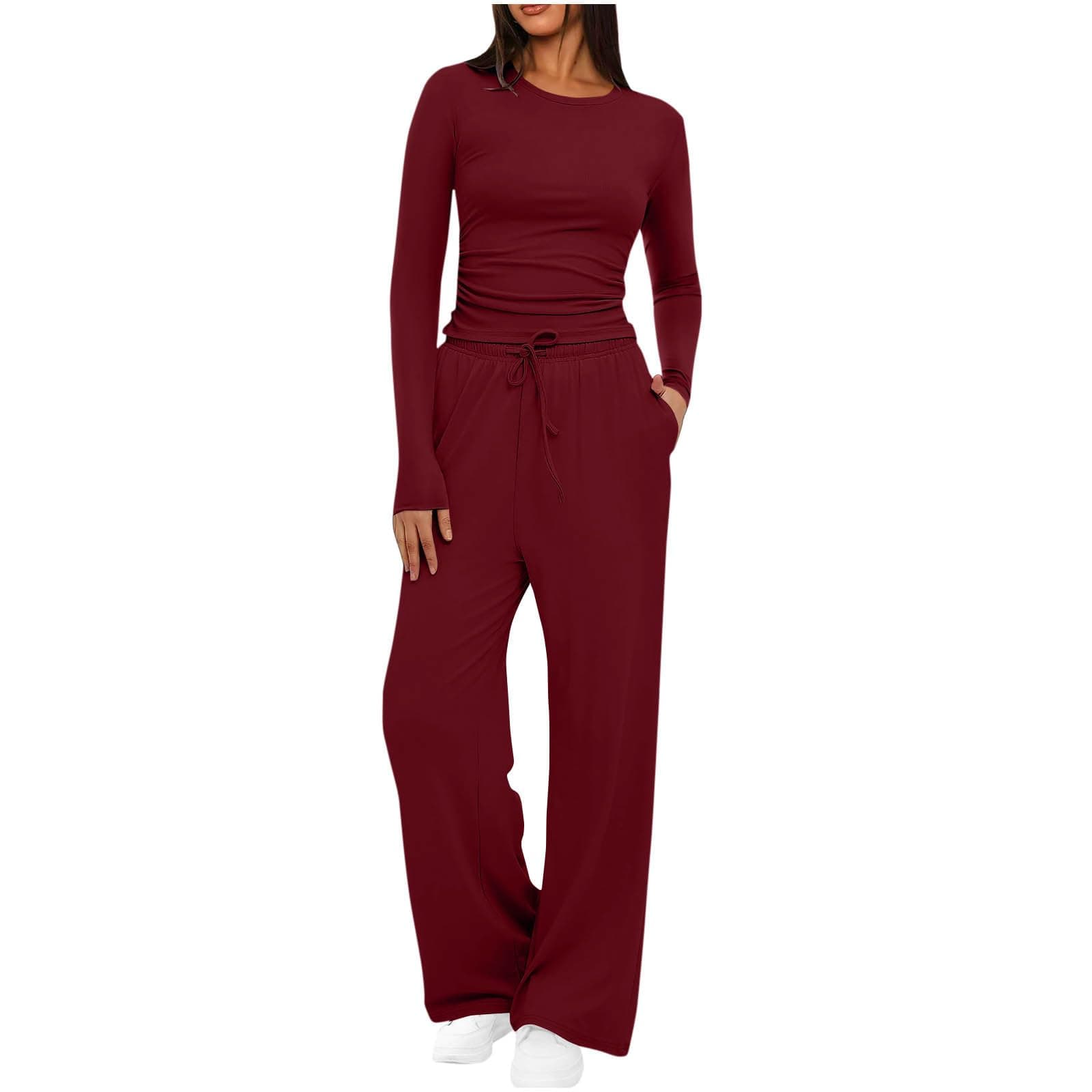 Mobeur Womens Tracksuit Set Two Piece Outfits Stretch Long Sleeve Crop Top and Drawstring Elastic Waist Wide Leg Trouser Solid Color Lounge Sets Y9k Outfits Ladies Yoga Trousers Suit