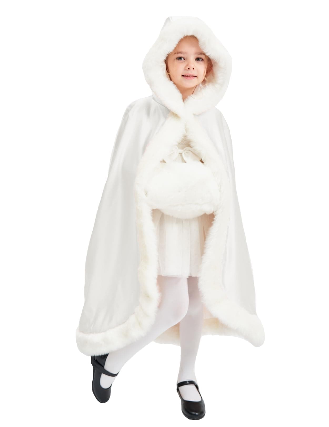 BEAUTELICATE Flower Girl Hooded Fur Cape Winter Wedding Cloak for Kid Toddler Costume Christmas Baby Coat