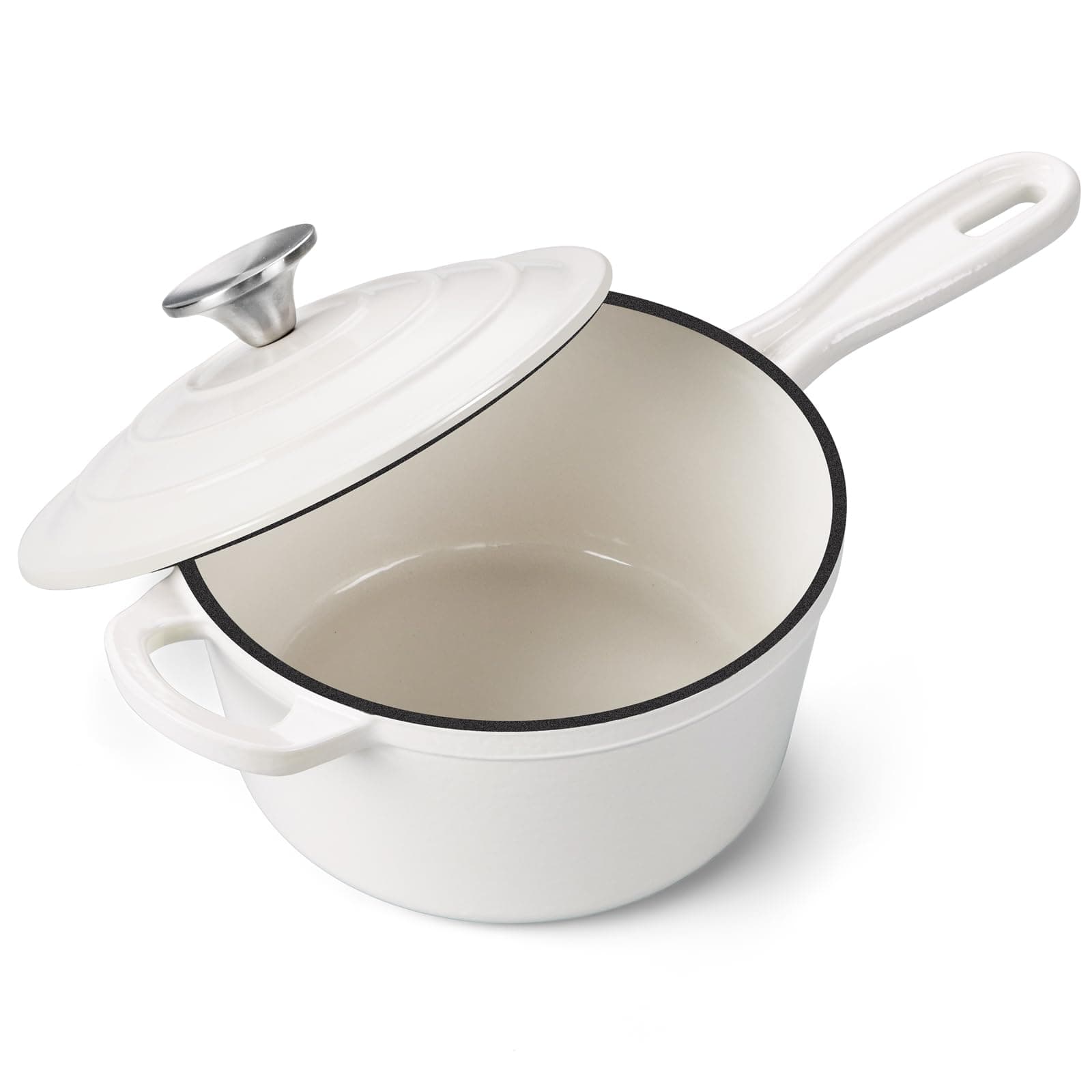 Onader 2 Quart Saucepan Dutch Oven, Enameled Cast Iron Sauce Pan Pot with Lid, Small Cooking Kitchen Pot, Nonstick & Oven Safe – White