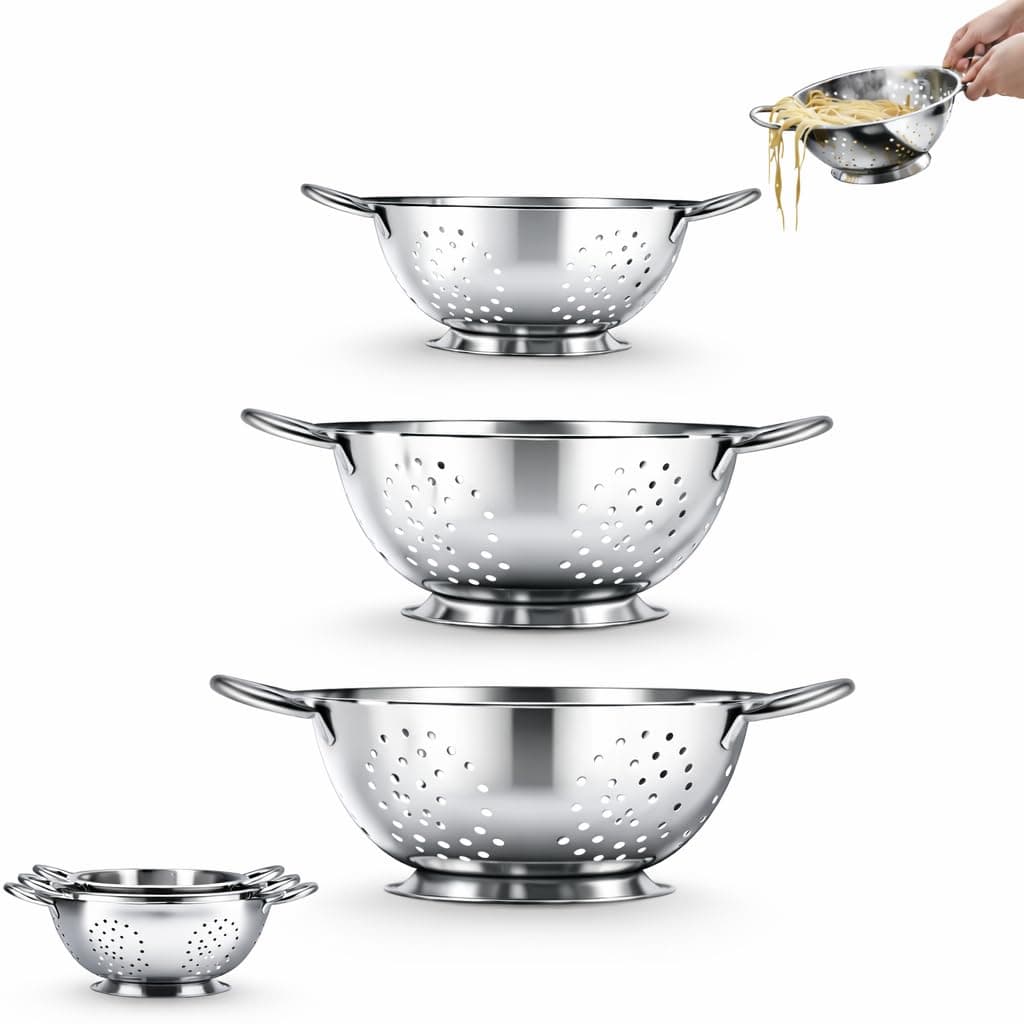 Amco 3-Piece Stainless Steel Colander Set, 1.5 Qt, 3 Qt & 5 Qt - Silver