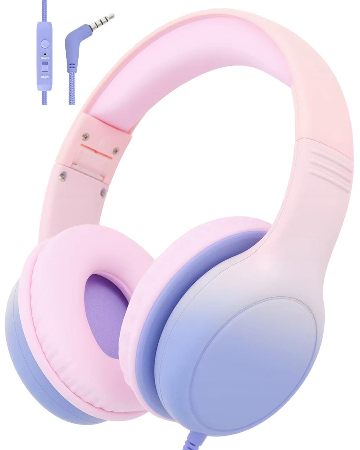 Aechorhy Kids Headphones with Microphone, 85/94dB Volume Limit Wired Headphones for School, Travel, Stereo Sound Kids Headphones with Cord, Foldable Wired Headphones for iPad, Laptop, PC, Pink-Blue