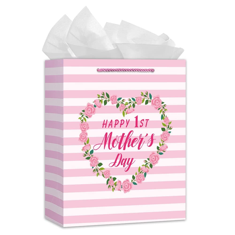 WaaHome Happy First Mothers Day Gift Bag with Tissue Paper, 11.5'' Pink Flower 1st Mothers Day Paper Bag with Handle, Mothers Day Gifts for First Time Mom New Mom Expecting Mom Mother To Be Mommy