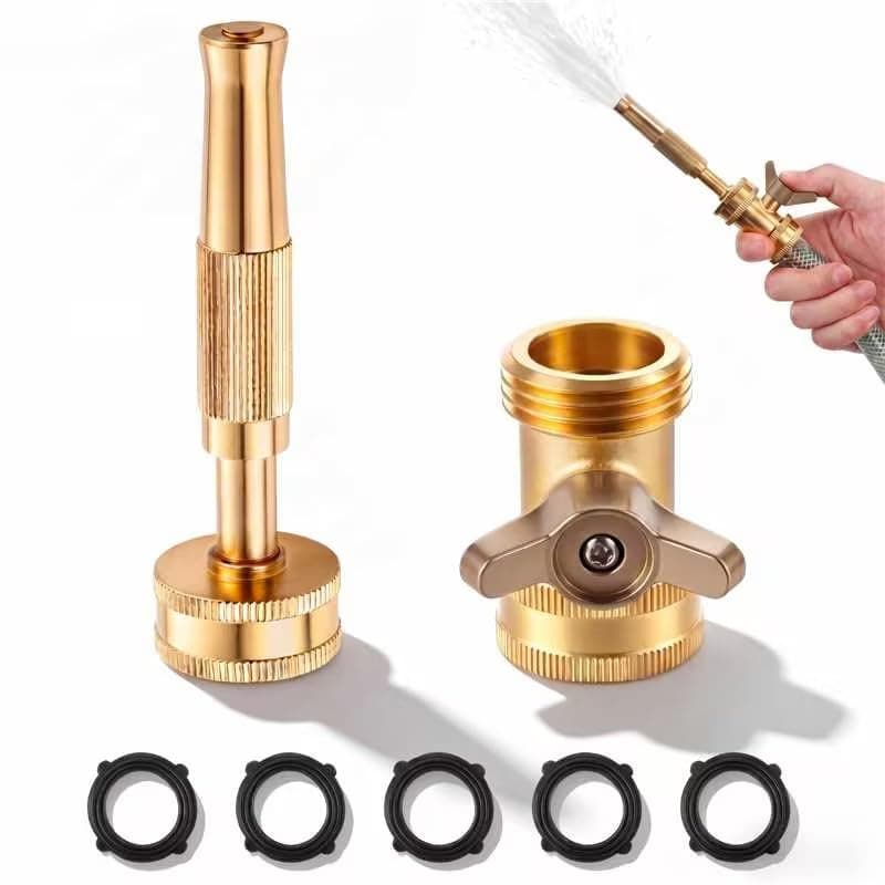 1 Set Garden Brass Hose Nozzle Kit, Heavy Duty Adjustable Dial Hoses Nozzle, Jet High Pressure Water Sprayer, Upgraded Wing Handle Hose Shut Off Valve, 3/4" GHT Connector, Extra 5 Rubber Washers