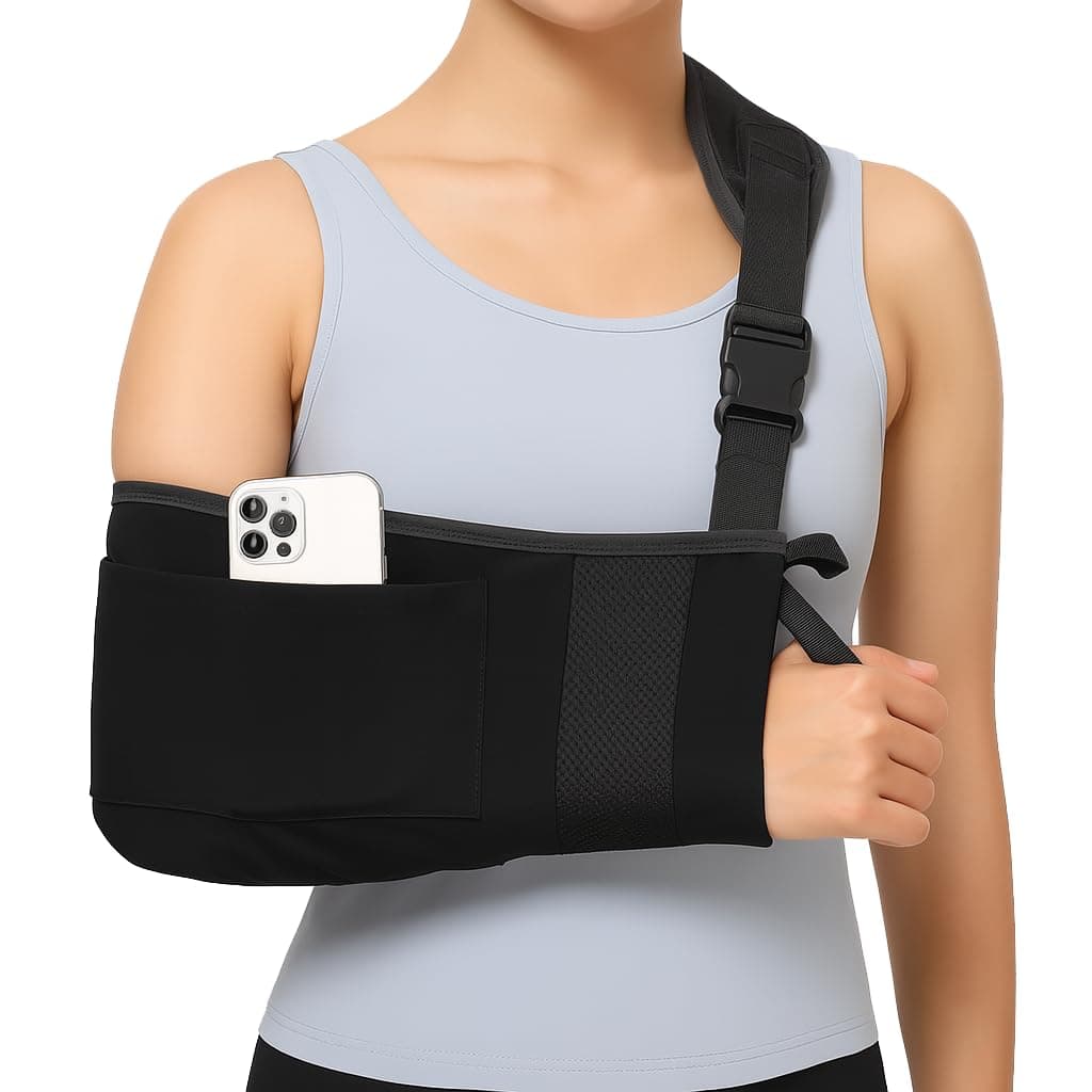 Arm Sling with Thumb Loop & Storage Pocket, Adjustable Shoulder Support Brace for Injury Recovery, Breathable Mesh Elbow, Wrist & Hand Immobilizer for Men & Women, Reversible for Left or Right Arm