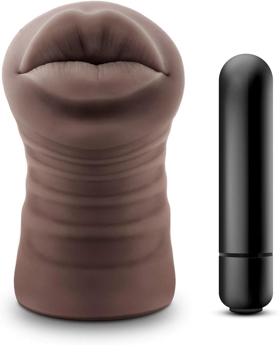 Eden Men Sex Toys – 5" Mouth Shaped Deep Throat Oral Male Masturbator Stroker with Bullet Vibrator – Ultra Soft Ribbed Realistic Vibrating Pocket Pussy – Open Ended Sex Toy - One Size – Chocolate