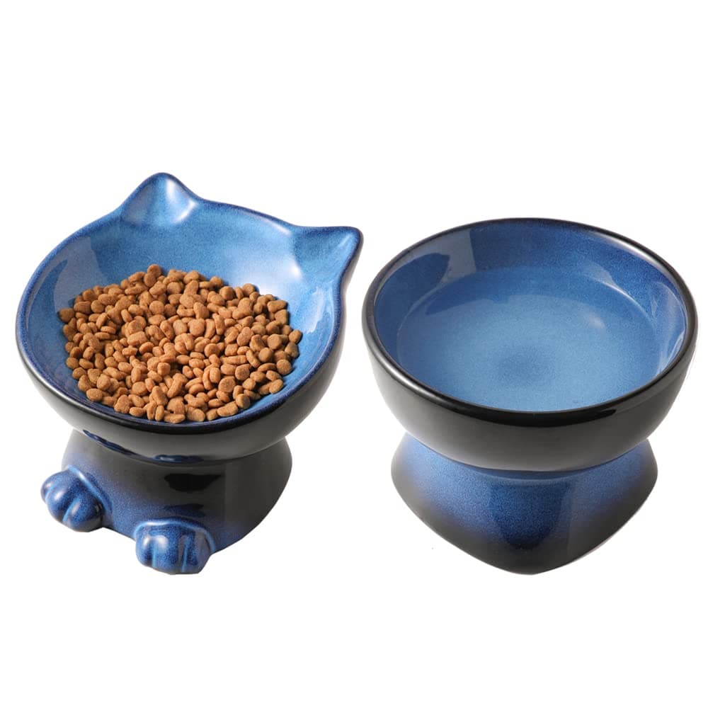Nihow Elevated Cat/Dog Bowls Set : 6.2 Inch Ceramic Raised Cat Food & Water Bowl Set for Protecting Pet's Spine - Feeding & Watering Supplies for Cat/Small Size Dog - Elegant Blue & Black (2 PC)
