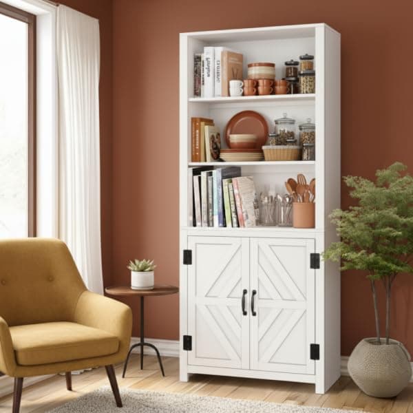 SEJOV Tall Bookcase, 5-Tier Wood Farmhouse Bookshelf with Cabinet Doors, 71" White Bookshelves with 3-Tier Open Shelves,Floor Adjustable Book Case and Office Storage Cabinets for Home Office