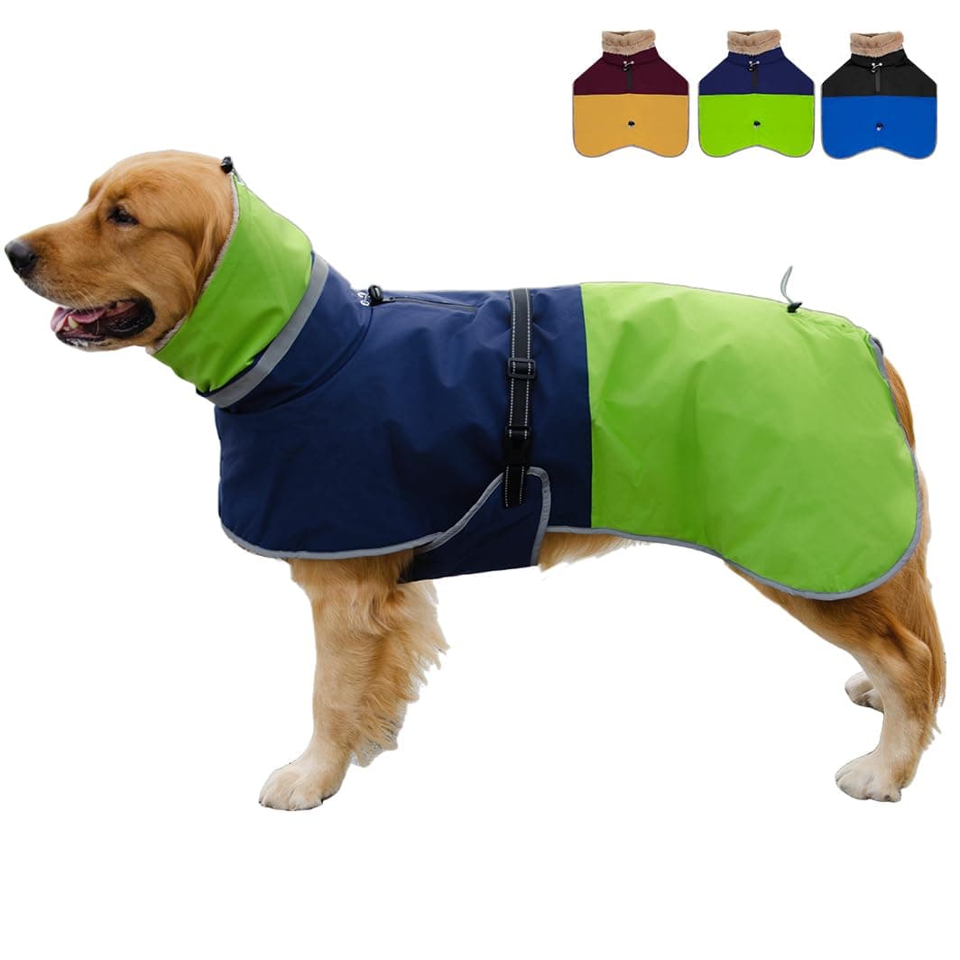 Waterproof Dog Winter Coat, Reflective Turtleneck Design, Fleece Jacket with Snow Protection for Large Dogs, Cold Weather Pet Apparel (Green, 3XL)