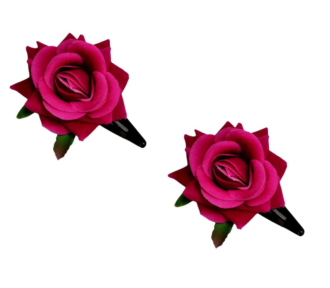 LYF5STAR Dark Pink Handmade Artificial Rose Flower Bride Tiktok Hairpin for Girls and Women, Rose Hair Clip, Flower Hairpin, Stylist Wedding Hairpin - Pack of 2