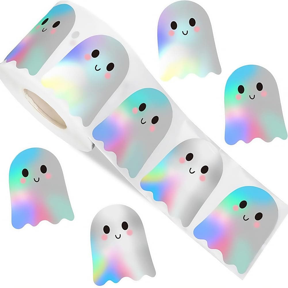 500Pcs Halloween Ghost Stickers Roll - Laser Cute Boo Ghost Self-Adhesive Stickers, Holographic Waterproof Decals for Halloween Party Envelope Scrapbook Decor Supplies