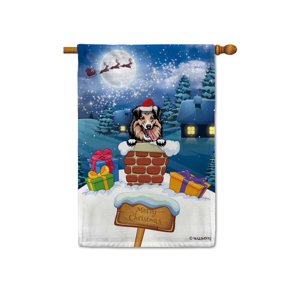 MALIHONG Merry Christmas Dog Shetland Shep Lying on The Chimney Garden Flag Santa Claus Flying Through The Sky with Gifts Yard Flag for Holiday Decor Double Sides 28x40 Inch