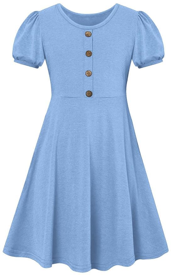SFreeBo Girls Dress Summer Blue Cotton Lantern Short Sleeve Dresses Girls Cute Dress Kids Elasticity Casual Midi Sundress Yellow Dress Girls for 7-8 Years