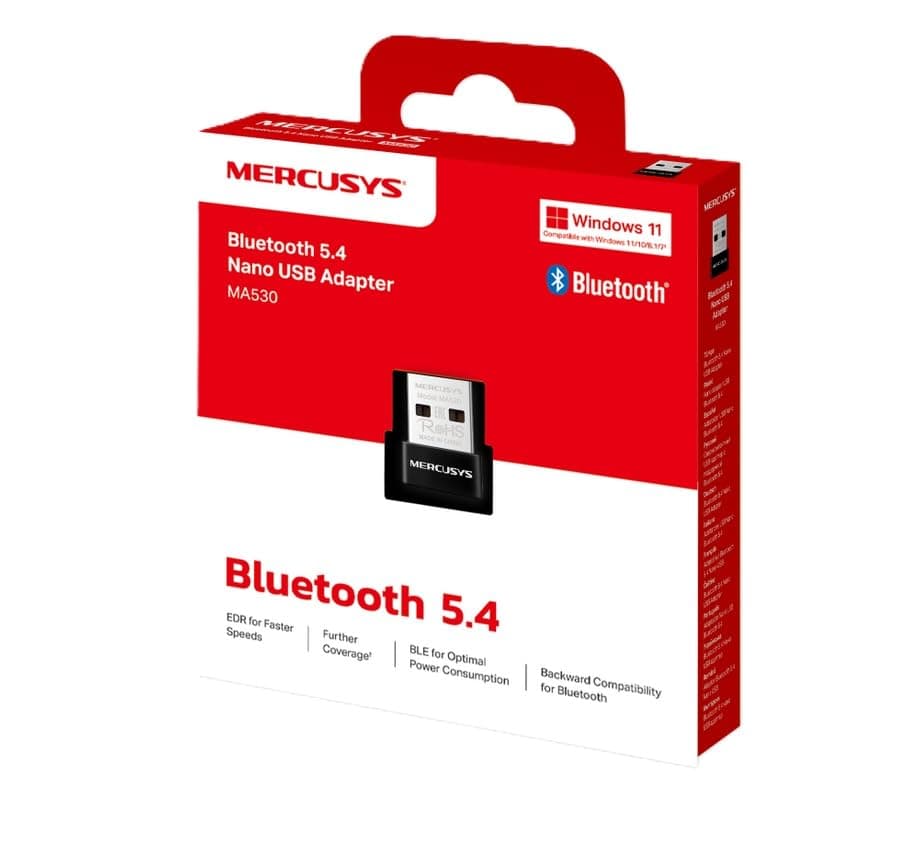 MERCUSYS MA530 Bluetooth 5.4 Nano USB Adapter for PC, Wireless Bluetooth Dongle for Desktop and Laptop, Supports Windows 11/10/8.1/7, Connects Headphones, Keyboards, Mice, Controllers, Up to 7 Devices