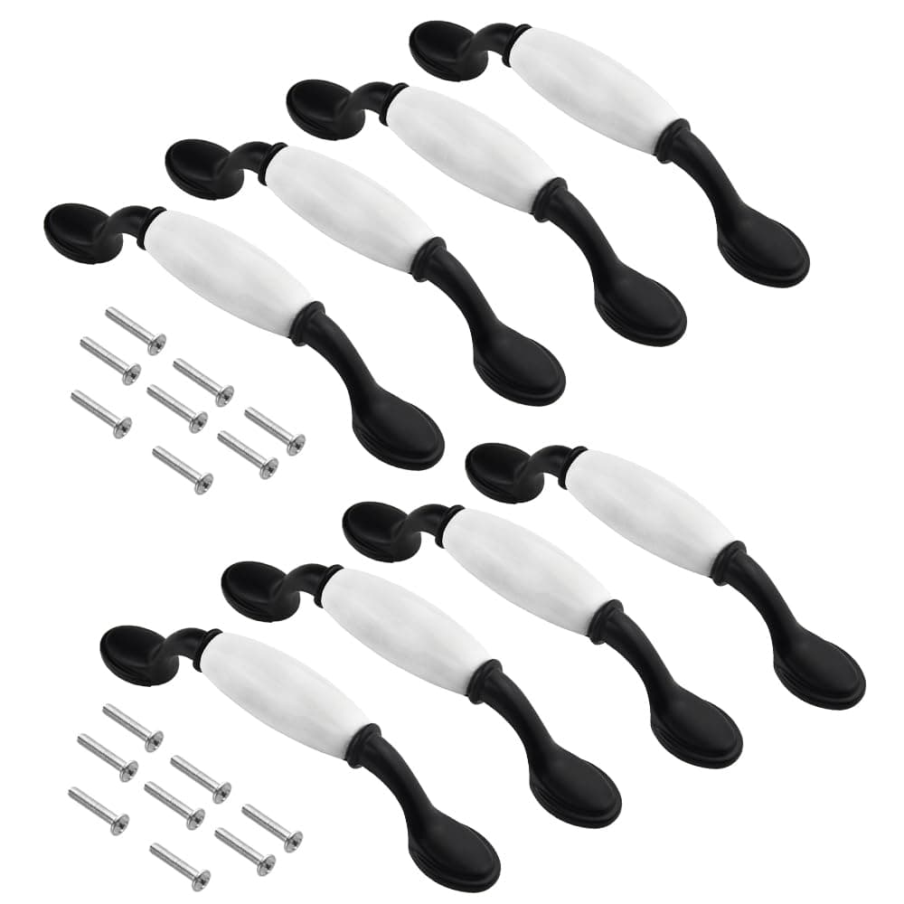 WMYCONGCONG 8 PCS 3.8"/96mm Centers Ceramic Pull Spoon Foot Cabinet Drawer Handles and Drawer Pulls Black White Knob Hardware Handle for Kitchen Cabinets Cupboard Dresser