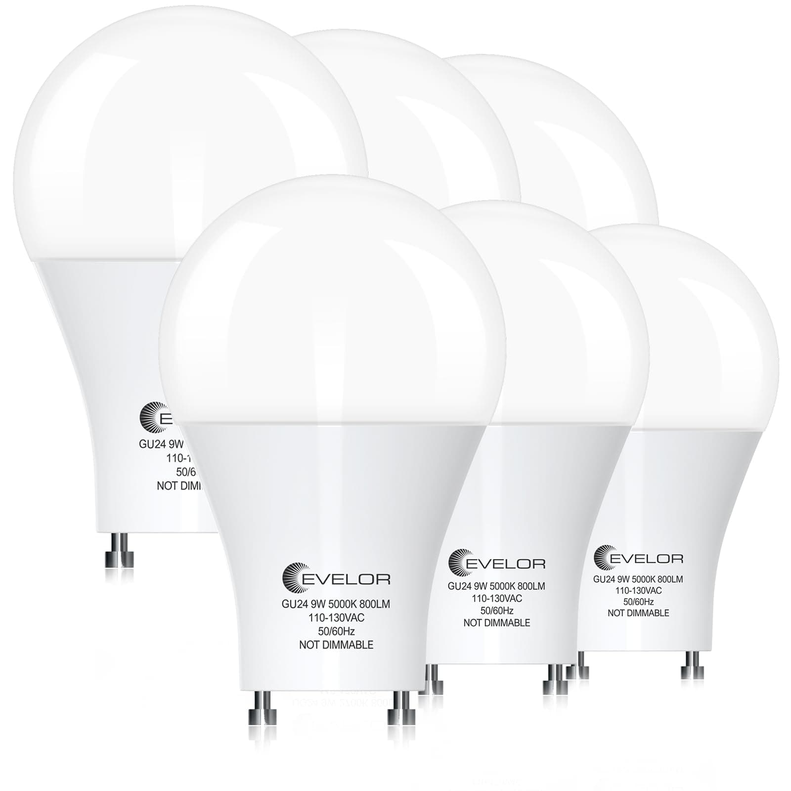 evelor GU24 LED Light Bulbs,60 Watt Equivalent,Daylight White 5000K,6-Pack