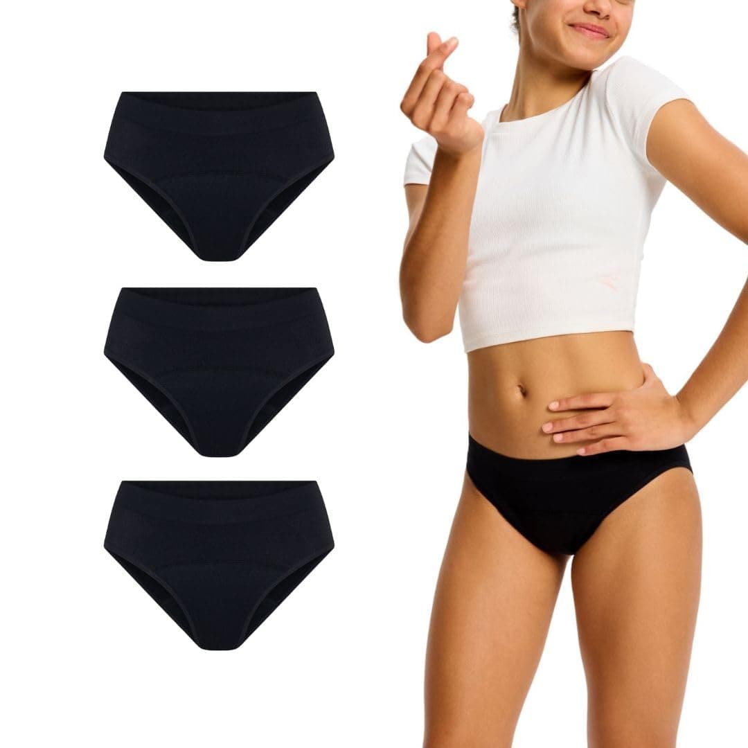 Modibodi Period Pants for Teenage Girls - Soft Stretch Black Seamless Hipster Bikini Bottoms - 3 pack Girls Underwear - Moderate Flow 30ML - Youth Large (Y14-18)