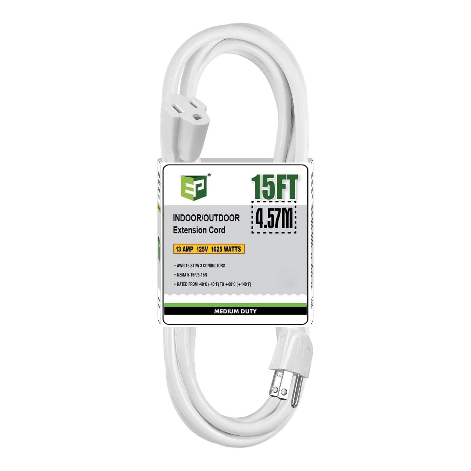 EP 15 Ft Outdoor Extension Cord - 16/3 SJTW Durable White Electrical Cable with 3 Prong Grounded Plug, UL Listed