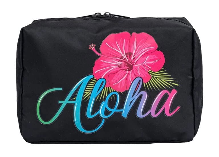 Aloha Designs ALOHA Cosmetic Bag for Women Roomy Makeup Bag Travel Splash-proof Toiletry Bag Accessories Organizer and Bikini Pouch. Aloha Water-resistant Beach Bag Pouch. Plus 1 Aloha Decal, Black, Travel Cosmetic Bag