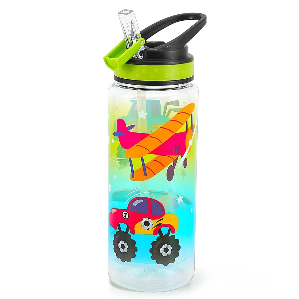 Cute Water Bottle for School Kids Girls Boys, BPA Free Tritan, Leak Proof Flip Straw, Easy Clean, Carry Handle, 23oz/ 680ml - Airplane & Truck