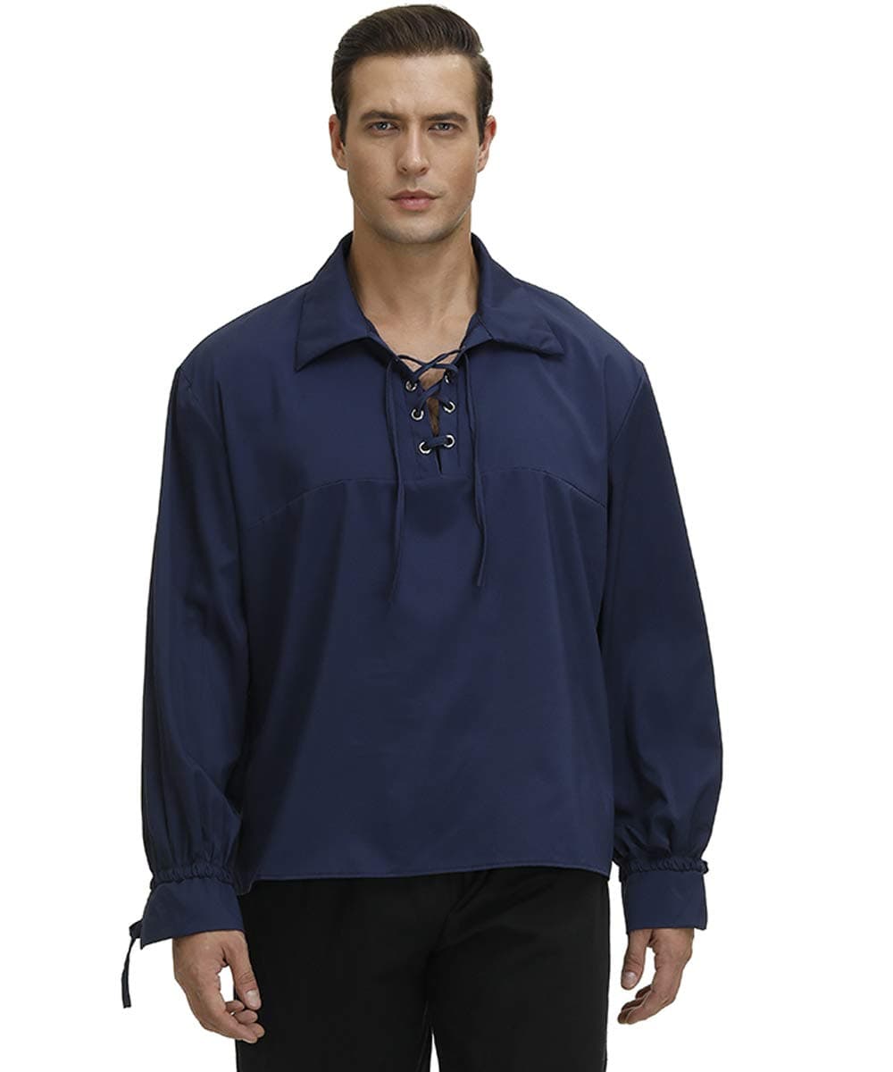 Josamogre Pirate Shirt Men Renaissance Festival Costume Steampunk Shirt Blouse Tops Medieval Viking Cosplay Halloween Dark Blue S