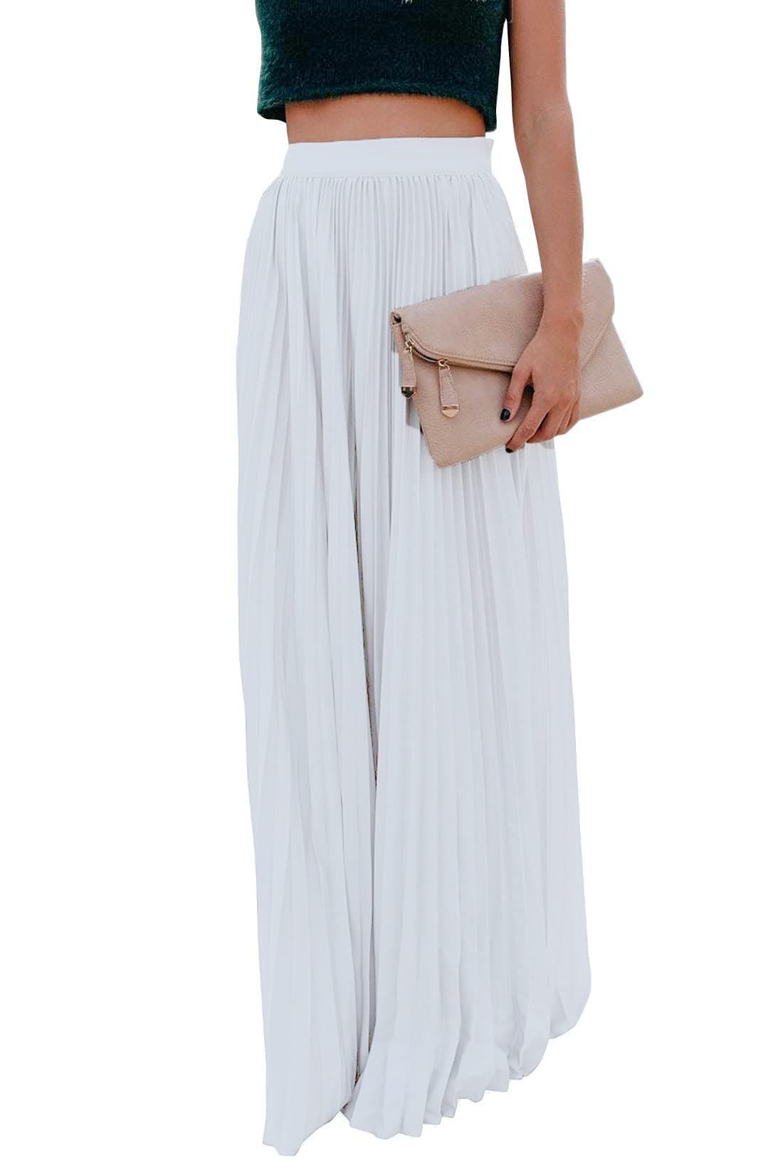 ebossy Women's High Waist Flowy Pleated Chiffon Maxi Skirt, Off-white, L