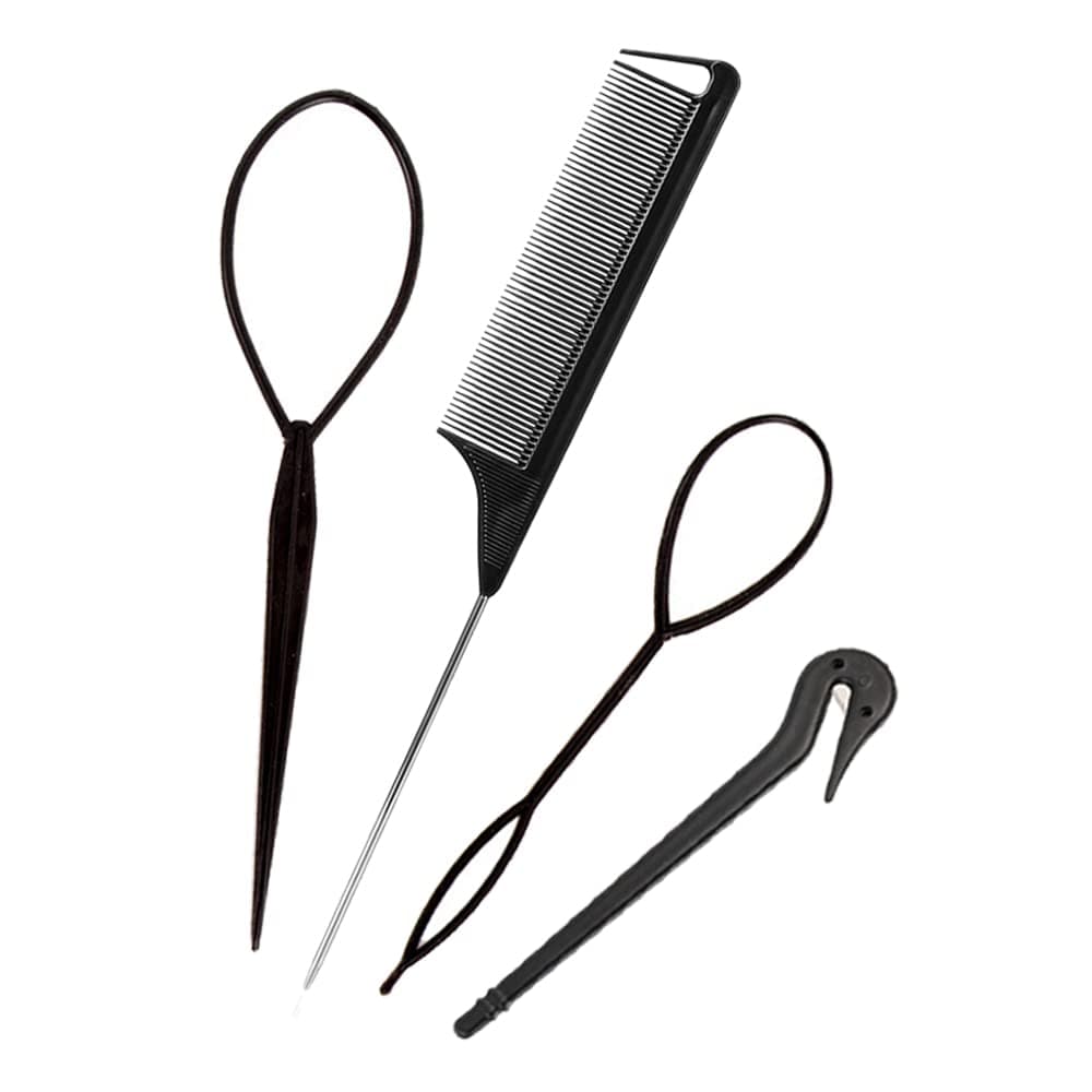 Topsy Tail Hair Tools, 4pcs Hair Styling Tools for Girls, 2pcs French Braiding Tool Hair Loop Styling Tool 1pc Elastic Hair Bands Cutter, 1pc Rat Tail Comb for Children Girls(Black)