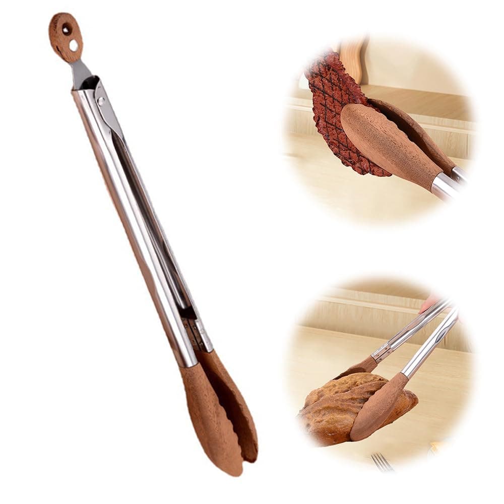 2025 New Wooden Tongs for Cooking, Stainless Steel Anti-Slip Long Handle Wood Salad Tongs with Hanging Hole, Kitchen Cooking Tongs for BBQ, Grilling, Serving Food, Tossing Salad (12in New)