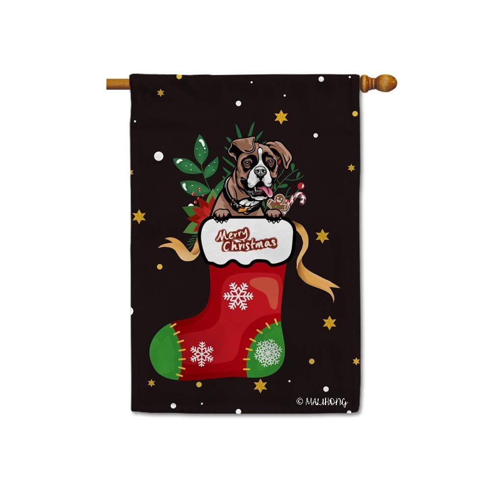 MALIHONG Christmas Peeking Dog House Flag Cute Dog Boxer in Xmas Sock Holy Snowflake Black Banner for Home Decor 28x40 Inch Printed Double Sided