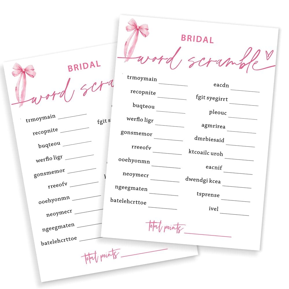 Wedding Shower Games Cards, Bridal Word Scramble, 25 Game Cards with 1 Answer Card, Engagement Party Wedding Games for Guests, Pink Ribbon Bow Wedding Party Supplies - E14
