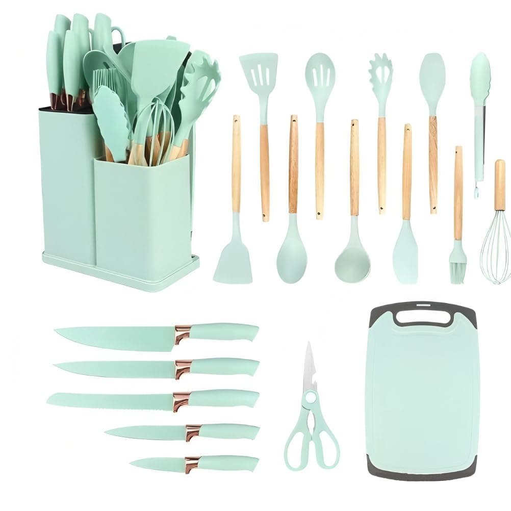 19-Piece Kitchen Utensil Set, Silicone Cooking Tools with Knives, Wooden Handles, Mint Green (Light Green)