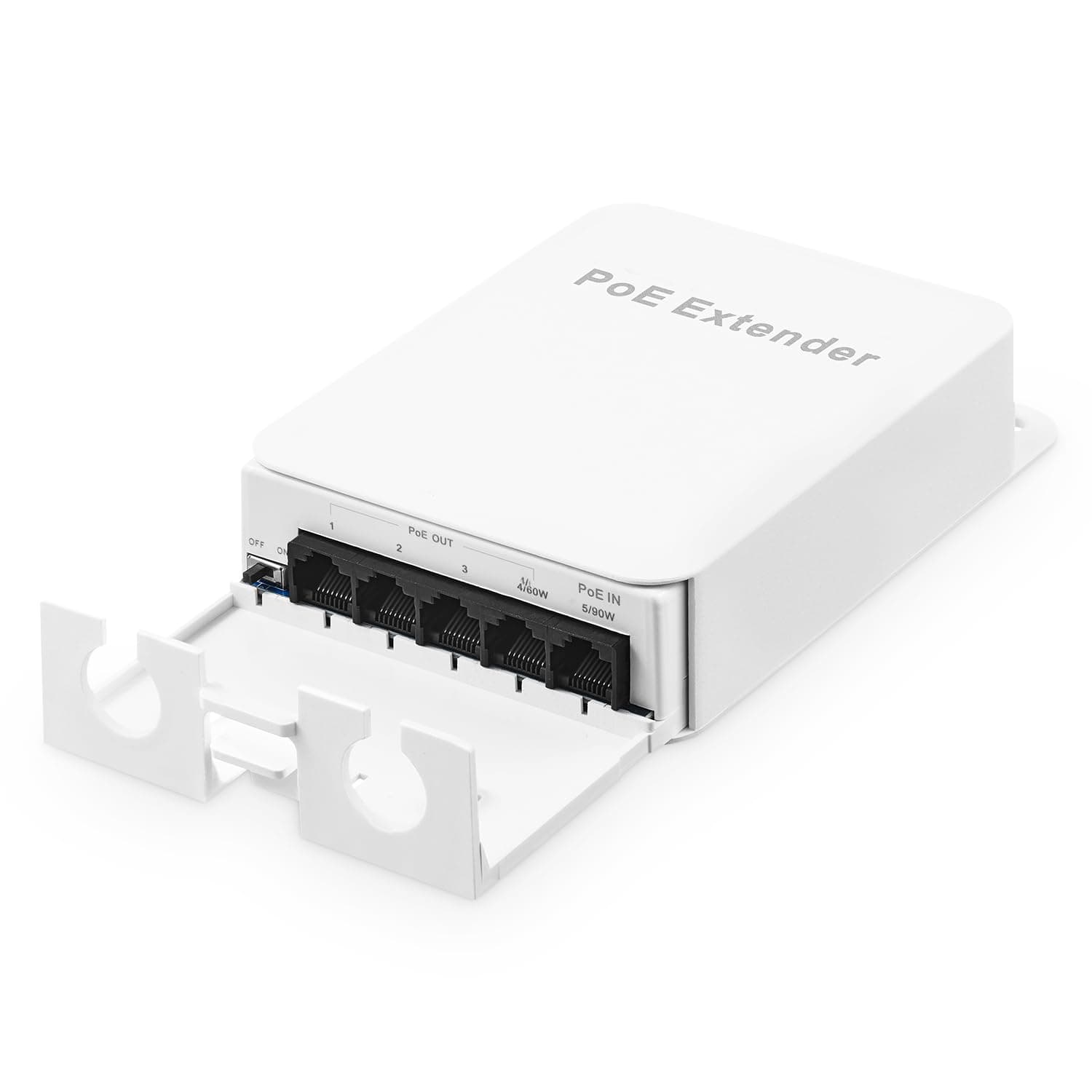 Outdoor PoE Passthrough Switch, 1 in 4 Out Extender, IEEE802.3af/at/bt Powered 90W, 100Mbps Ethernet, Wall Mounting, Waterproof, Plug and Play
