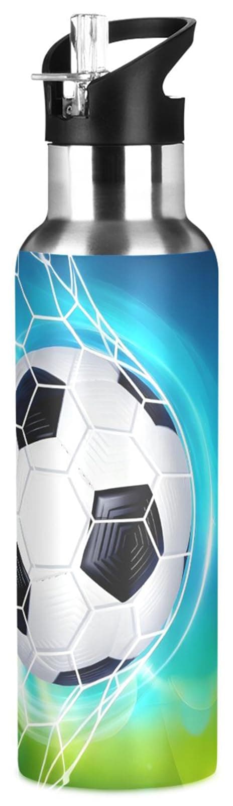 Soccer Ball on Field Water Bottle Kids Insulated Football Boys Girls Stainless Steel Hot Cold Water Flask with Straw Lid for Sports Gym 20 oz