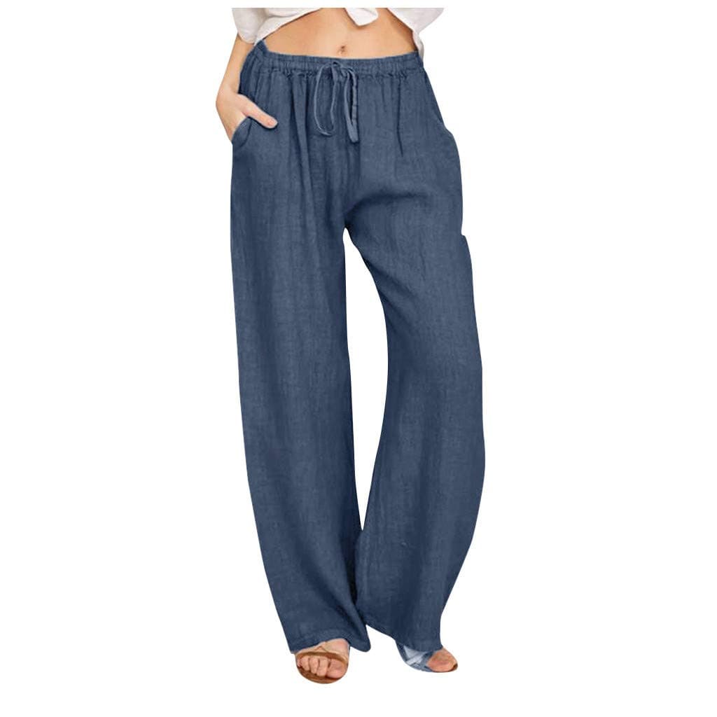 Wide Leg Trousers for Women UK Cotton Linen Elasticated High Waist Drawstring Linen Trousers Womens Straight Leg Joggers Ladies Bottoms Lounge Casual Fashion Beach Palazzo Pants with Pockets Summer